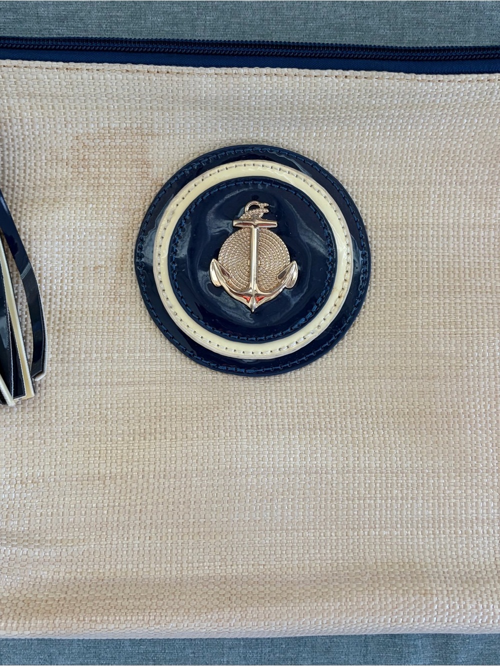 Nautical Anchor Emblem Straw Clutch in Beige and Navy